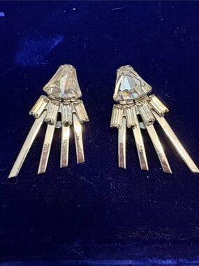 Vintage art, deco rhinestone earrings clip on silver tone
